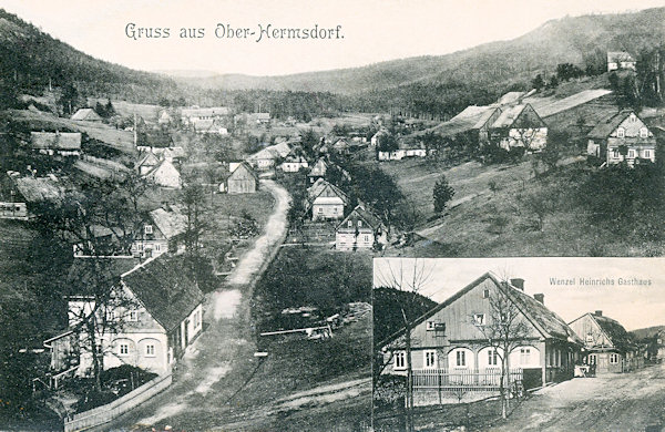 Auf dieser Ansichtskarte sieht man die Häuser im Oberdorf von Heřmanice, wo auch das im Ausschnitt unten gezeigte Heinrichs Gasthaus stand. Die durch das Dorf auf den Babiččin odpočinek und nach Krompach führende Straße wurde in den 20er Jahren des 20. Jahrhunderts gebaut.