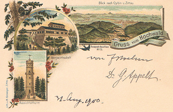 Diese Lithographie zeigt die Gaststätte mit dem Aussichtsturm auf dem Gipfel des Hochwald (Hvozd) und die Aussicht aus dem Turm nach Norden über den Oybin nach Deutschland.