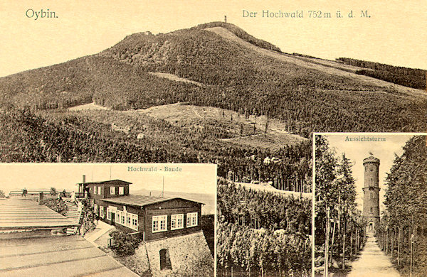 Auf dieser Ansichtskarte des Hochwald (Hvozd) von 1914 ist die Gesamtansicht des Berges ergänzt durch Detaile der deutschen Gaststätte auf dem Südgipfel und des im Jahre 1892 erbauten steinernen Aussichtsturms.