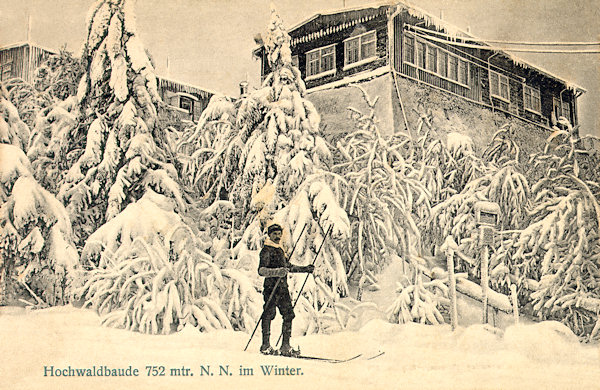 This winterly postcard of Hvozd-hill shows the older Saxonian chalet on the southern peak. The former Czech chalet on its left side is hidden behind the trees.