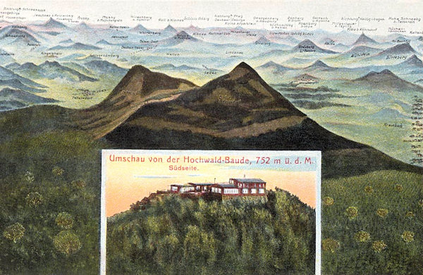 Diese Ansichtskarte zeigt die Aussicht vom Gipfel des Hochwald (Hvozd) nach Süden. Die Ausschnitte zeigen die beiden ursprünglichen Gaststätten auf dem Gipfel.
