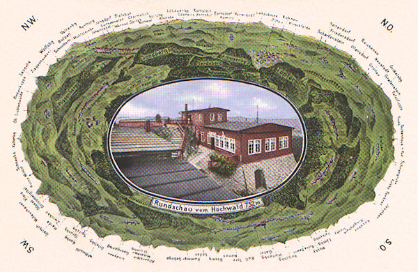 This picture postcard shows the wonderful view from the southern peak of Hvozd hill. In the centre there is the old German chalet with its look-out platform.