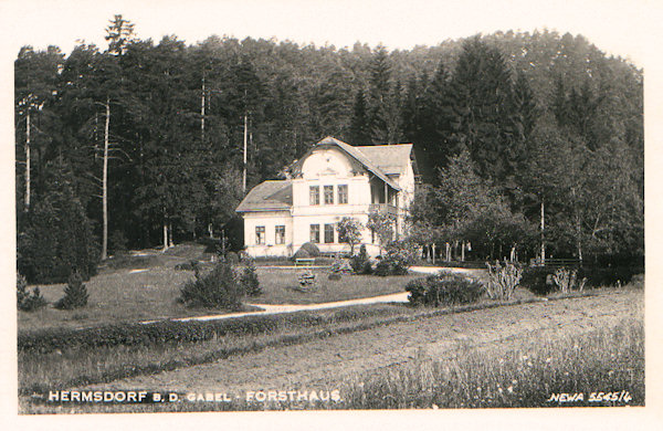 This picture postcard shows the till present standing gamekeeper's lodge Paseka on the foot of the Zámecký vrch hill which had been built for the management of the woods belonging to the estate of Nový Falkenburk.