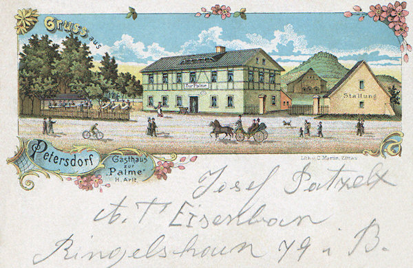 Diese Lithographie bildet das ehemalige Gasthaus „Zur Palme“ um 1899 - 1905 ab, als es Heinrich Arlt besass. Die Gaststätte hiess eine Zeit lang auch „Zum Hochwald“.