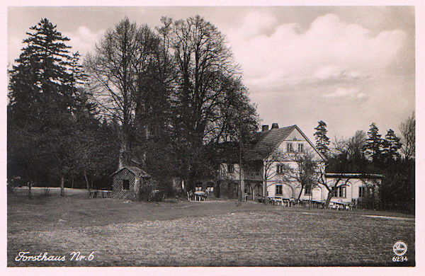 This picture postcard shows the former gamekeeper's lodge No. 6 below the Hvozd-hill with the new extension (right). After World War Two the restaurant was demolished, the old horse chestnut trees which formerly shaded its terrace, however, are growing here to the present days.