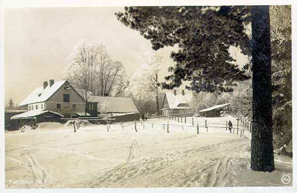 On this winterly picture postcard the former gamekeeper´s lodge No. 6 is shown in the foreground and behind of it the newer villa built some time in the years between both World Wars. Whilst the gamekeeper's lodge after World War  Two was demolished, the villa was utilised by the so-called people´s militia and at present serves to the purpose of the boy-scouts from Liberec.