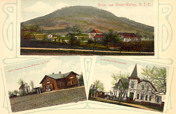 This picture postcard from the years before World War One shows the old farming court on the southern borders of the village with the Tlustec hill. On the lower pictures we see the railway station and the former Richter's restaurant.