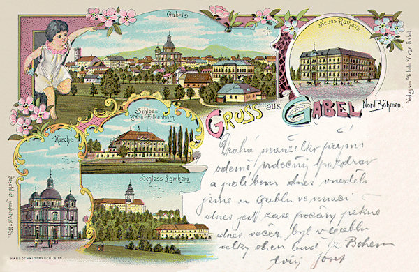 This lithography from 1901 shows at the top the town as seen from the south and on the right side the building of the new town-hall. On the left side down there is the cathedral of St. Laurentius and St. Zdislava, the smaller pictures beside it show the castles Nový Falkenburk and Lemberk.