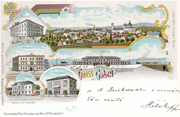 Litografie z konce 19. století zachycuje Jablonné od jihu. Pod celkovým pohledem vidíme nádraží, na menších obrázcích vlevo je budova městského úřadu, hotel „Adler“ na náměstí, zámeček Pachtů z Rájova a vpravo od něj je jeden z výstavných domů na Žitavsko-Liberecké ulici.