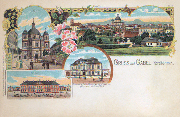 On this lithography along of the overall view of the town we see the cathedral of St. Laurentius and St. Zdislava, in the centre the manor-house of count Pachta and on the left side the station building on the railway line from Česká Lípa to Liberec opened in 1900.