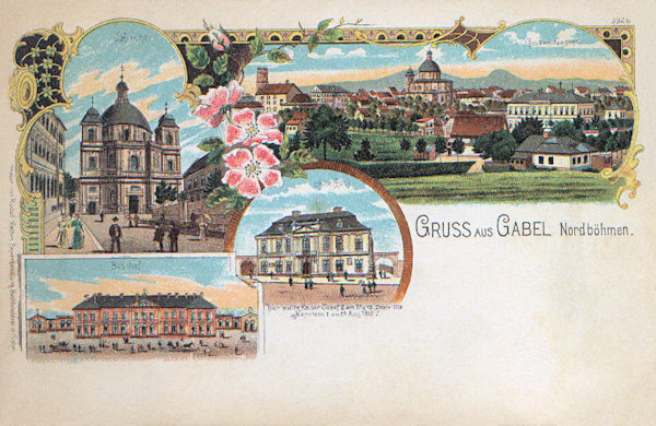 Auf dieser Lithographie sieht man ausser der Gesamtansicht der Stadt die Kirche des hl Laurentius und der hl. Zdislava, in der Mitte ist das Schlösschen der Grafen Pachta und links unten der Bahnhof an der Strecke von Česká Lípa nach Liberec (Böhm. Leipa - Reichenberg), das 1900 in Betrieb gesetzt worden ist.