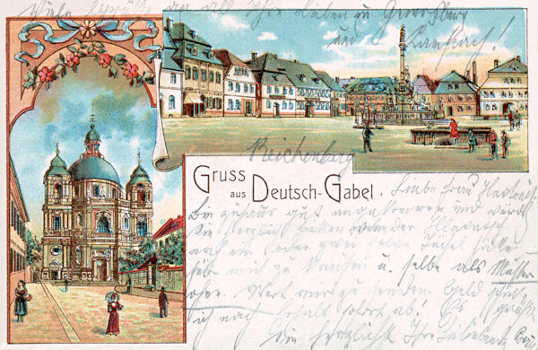 This lithographic postcard from the beginning of the 20th century shows the Cathedral of St. Lawrence and St. Zdislava and the town square with the plague column of St. Salvator restored in 1993.