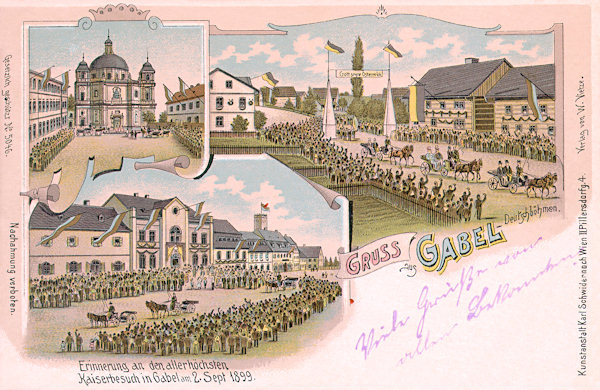 This picture postcard remembers the visit of Emperor Francis Joseph I. of Jablonné an September 2nd, 1899. The Emperor visited the town in the course of military manoeuvres which in the surroundings of Brniště village were conducted under the command of the successor to the throne Ferdinand d'Este.