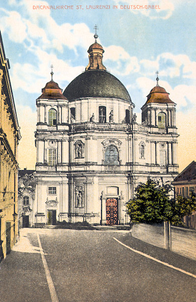 This picture postcard shows the splendid front of the baroque Cathedral of St. Lawrence and St. Zdislava.