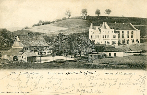 This interesting lithographic picture postcard from the beginning of the 20th Century shows the old and the new building of the shooting-range restaurant in the Tyrš-lane.