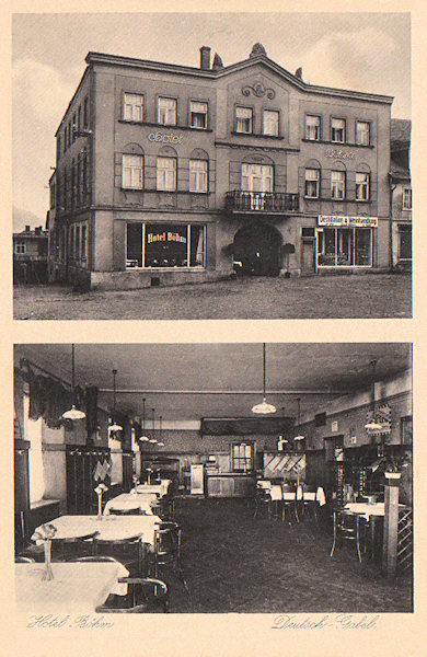 This picture postcard shows the hotel „Böhm“, formerly named „Adler“, the building of which up to to-day is standing on the southern side af the town square. The lower picture shows the interior of the restaurant.