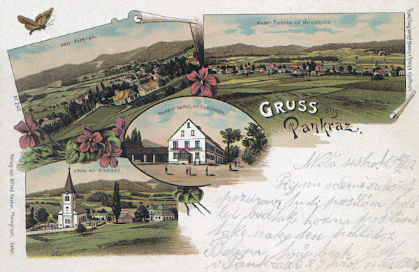 On this lithography from the end of the 19th century in the upper row there are the views of the Upper and the Lower Part of the village, in the centre there is the former Neumann's restaurant „Zur Stadt Dresden“ and the lower picture shows the St. Pancras' church and the house of the presbytery.
