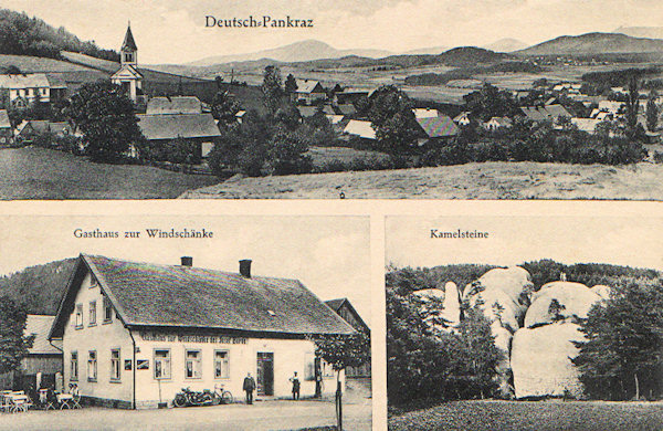 This picture postcard present the view of the centgre of the village with the church St. Pancras as seen from the east. On the pictures below are shown the at present no more existing restaurant „Zur Windschänke“, which formerly stood on the road crossing in the saddle „Jitravské sedlo“ and the sandstone rocks Bílé kameny (= Elephant rocks) which frequently had been also named „Camel rocks“.