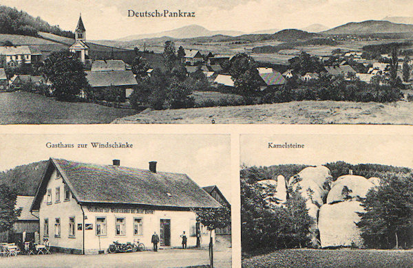 Diese Ansichtskarte bietet die Ansicht auf das Ortszentrum mit der Kirche St. Pankratius von Osten gesehen. Auf den unteren Bildern ist das heute bereits eingegangene Gasthaus „Windschänke“, das früher an der Strassenkreuzung im Sattel Jítravské sedlo stand, und die Sandsteinfelsen der früher auch als „Kamelsteine“ bezeichneten „Elefantensteine“.