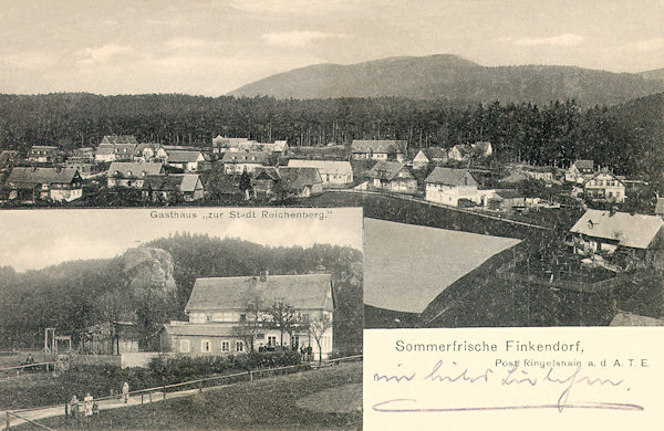 Na pohlednici z roku 1914 vidíme střední a západní část osady s Liščí horou v pozadí. Obrázek vlevo dole představuje tehdejší hostinec „U města Liberce“ v jeho původní podobě.
