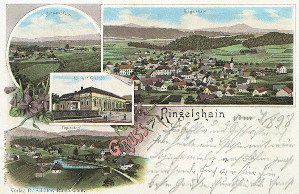 On this lithography from the end of the 19th century we see on the right side the village Rynoltice as seen from the North and on the left side its parts Černá Louže (top) und Polesí (bottom). The picture in the centre shows the then Schiller's restaurant.