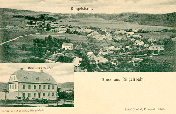 This picture postcard from the beginning of the 20th century shows the village from the north. On the lower picture there is the then Neumann's restaurant at the main road, in the building of which at present you will also find an restaurant.