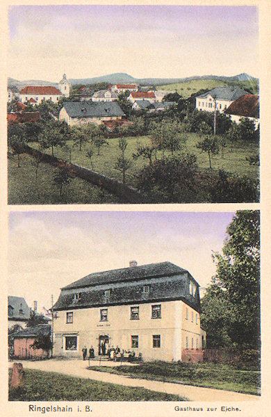 Ansichtskarte zeigt das Ortszentrum mit der Kirche St. Barbara, auf dem unteren Bildchen sieht man das damalige Gasthaus Zur Eiche.
