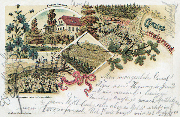 This lithography shows at the top the inn no. 65 the owner of which from 1893 to 1912 was Anna Plodek. To the right there is the already abandoned basalt quarry in the slope above the village, in the centre the outlook platform of the Popova skála rock and on the lower left the romantic rocks of the „Skalní divadlo“ (=rock theatre) at the foot of the Podkova hill.