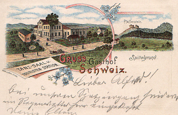 Diese Lithographie zeigt das Gasthaus „Zur Schweiz“, das sich im Hause No. 54 befand und von 1891 bis 1919 im Besitze der Eheleute Johann und Franziska Miletin war. Auf dem Bildchen rechts sieht man den Felsen Popova skála (Pfaffenstein).