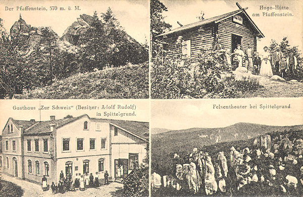 On this picture postcard from 1920 you see the imposing building of the former inn „Zur Schweiz“ and three motifs from the rocks in the surroundings. Above there is the rocky Popova skála and the former Hugo Liebsch shelter below of its summit, and to the lower right the Skalní divadlo (rock theatre) at present, however, is totally overgrown by wood.