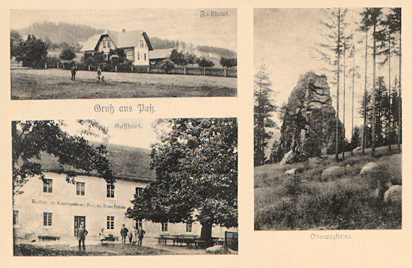 Auf dieser Ansichtskarte sieht man oben das alte gräflich Clam-Gallas´sche Forsthaus und darunter das vielbesuchte Gasthaus „Zur Kammwanderung“, dessen Eigentümer damals Franz Fritsche war. Nach 1945 wurde es nicht mehr weiter betrieben und später abgerissen. Auf den Bildern rechts ist der Felsturm Smrtka aus den Horní skály (Oberwegsteine).