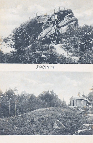 Auf dieser Ansichtskarte des Popova skála (Pfaffenstein) aus dem Jahr 1908 sieht man den im Jahr 1905 zugänglich gemachten Aussichtsfelsen und die zwei Jahre ältere, nach Hugo Lubisch aus Lückendorf benannte hölzerne „Hugo-hütte“.