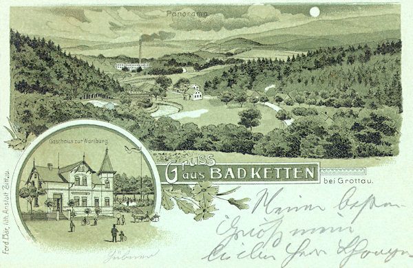 Diese Ansichtskarte vom Ende des 19. Jahrhunderts stellt das idyllische Neissetal bei Chotyně (Ketten) dar. Das untere Bild zeigt das Kurhaus mit dem Hotel „Zur Wartburg“, das Anton Habenicht 1890 an der hiesigen Stahlquelle bauen liess. Nach dem 2. Weltkrieg verfiel das Gebäude und wurde schliesslich abgerissen.