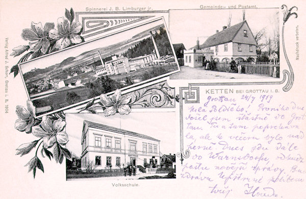 Auf dieser Ansichtskarte von 1904 sieht man das Fabriksgelände J. B. Limburgers Baumwollspinnerei im Neissetal, unten ist die Volksschule von 1880 und rechts oben das Gebäude des damaligen Gemeindeamtes mit dem Postamt.