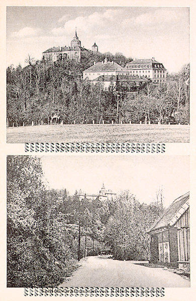On this picture postcard from the years before World War Two the castle Grabštejn with the premises of the so-called Lower castle is shown. The picture at the bottom shows the appearance of the castle from the road near of Chotyně.