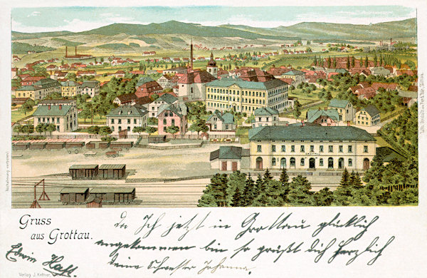 This picture postcard from the end of the 19th century presents a view of the town with the railway station in the foreground. In the center the building of the primary and lower secondary school of 1887 and the church of St. Bartholomew are seen, the horizon is closed by the ridge of the Lužické hory and Zittauer Gebirge-Mts.