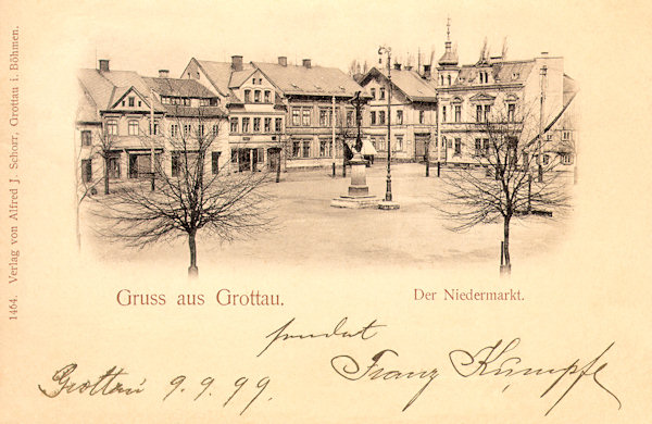 This picture postcard from the end of the 19th century shows the nortwestern part of the Dolní náměstí square in the centre of which then stood the great Angel's cross.