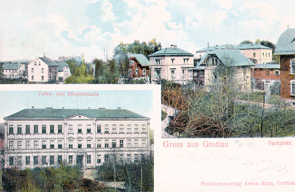 Auf dieser Ansichtskarte von 1912 sieht man die Villenbebauung der Smetanova ulice mit dem anliegenden Park. Links unten ist das Gebäude der Volks- und Bürgerschule von 1887.