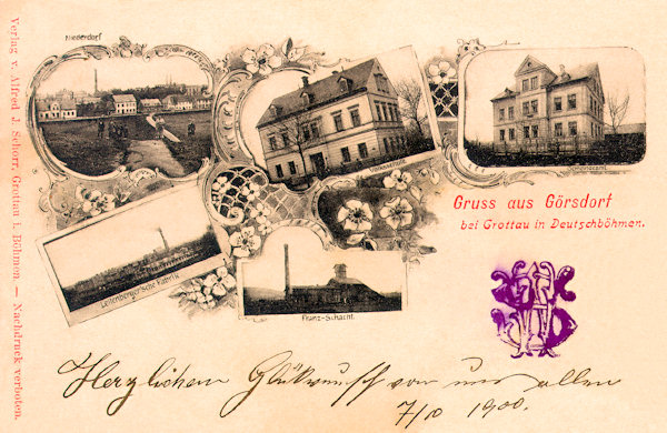This picture postcard from the turn of the 19th and the 20th century shows in its upper left part the lower half of the village, with the old school opened on September 1, 1878 in its centre and on the right side the house of the former local administration. On the lower left picture the there is the textile factory of Leitenberger from 1868 and in the centre the old lignite pit „Franz-Schacht“.