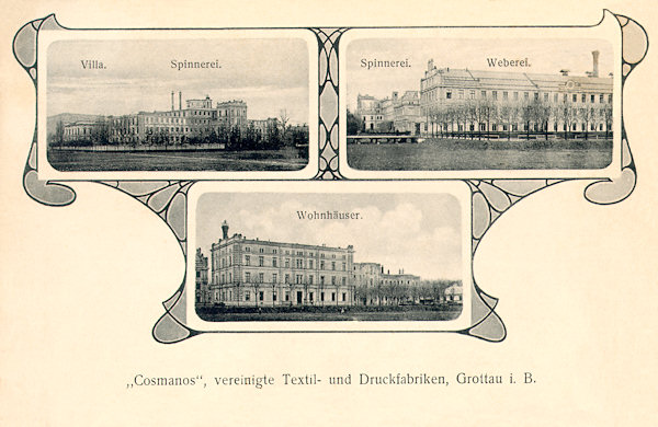 Auf dieser Ansichtskarte von 1908 sieht man das Gelände der „Vereinigten Textil- und Druckfabriken Cosmanos“, die durch Umbau der älteren, am rechten Neisseufer stehenden Leitenbergerschen Textilfabrik entstand. Links oben ist die Spinnerei mit der Direktorsvilla, rechts das Hauptgebäude der Weberei und auf dem unteren Bild die Wohnhäuser der Fabriksangestellten.