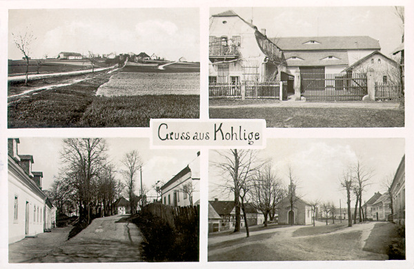 Diese Ansichtskarte zeigt den Hügel mit der Siedlung und ein der Höfe, die nach dem Zweiten Weltkrieg abgerissen wurden. Die unteren Bilder zeigen die Häuser in der Hauptstraße und den Dorfplatz mit der Maria Hilf-Kapelle.