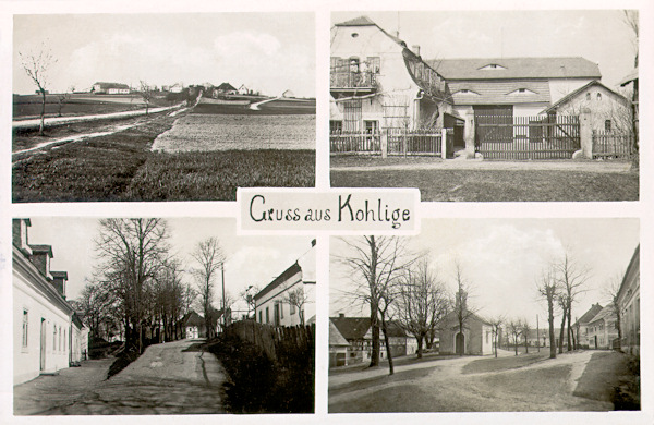 This postcard shows the hill with the settlement and one of the farmsteads, demolished after World War II. The lower pictures show the houses in the main street and the village square with the chapel of Our Lady Help of Christians.