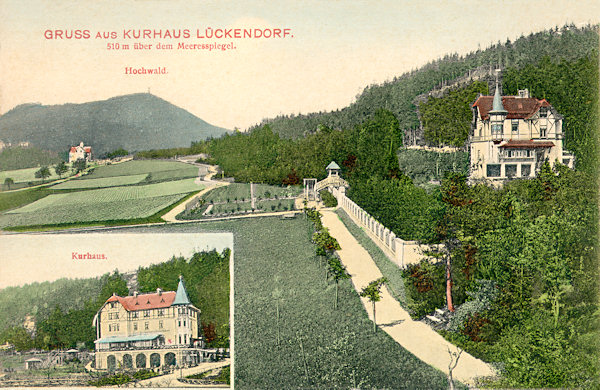 On this picture postcard from 1907 we see the „Alte Kurhaus“ (Old Health Resort) on the foot of Brandhöhe hill, in which today is a wellness-pension. In the background there is the Hochwald (Hvozd) with its lookout tower.