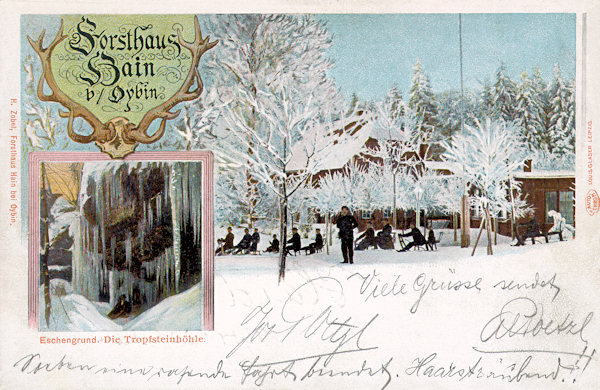 This picture postcard from the turn of the 19th and 20th century shows the winter atmosphere at the inn Forsthaus and the frozen ice-cascades in the nearby valley Eschengrund.