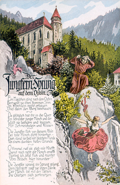 This picture postcard without a date shows a scene from the folk tale, according to which a lustful monk from the local monastery persecuted an innocwnt virgin which escaped him by jumping down from the rock.