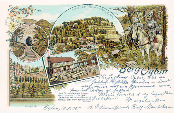 On this lithography from the beginning of the 20th century the rocky hill with the ruins of the old castle Oybin, towering over the village with the same name, is presented. The picture on the left side shows the third portal of the castle, the lover one shows a view of the castle from the Hausgrund valley and the central picture represents the castle restaurant.