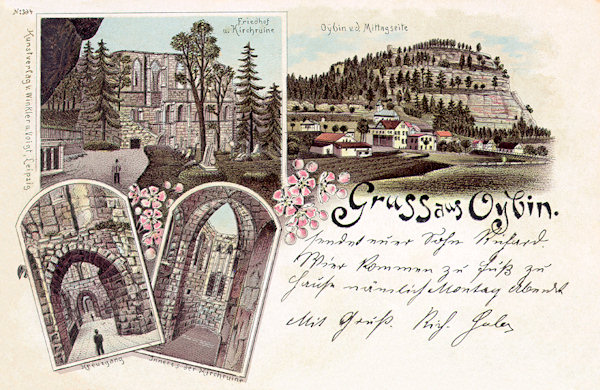 A historical postcard of Oybin from 1896. On the right side is an overall view of the castle rock with the village at its foot. The left side contains pictures of the ruins of the convent church. In the upper part is a view from outside the convent with the castle graveyard, at the right bottom the interior of the church nave and at the left the cloister.