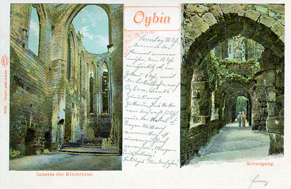 This historical postcard of Oybin from 1902 shows the interior of the ruins of the convent church (left) and the cloister (right).