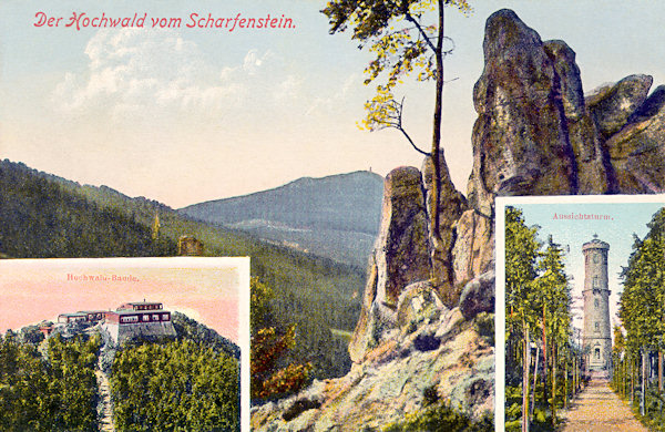 This postcard shows the view from the rock of Scharfenstein to the border mountain Hvozd / Hochwald with a lookout tower and huts, shown in the smaller pictures below.