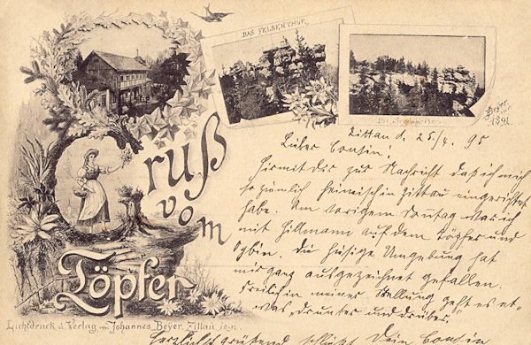 Auf dieser Ansichtskarte aus dem Jahr 1891 sieht man die alte Restauration auf dem Töpfer, das Felsentor und das Steingebilde „Schildkröte“.